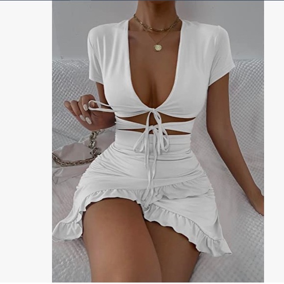 Womens Cut Out Ruffle Ruched Bodycon Mini Tie Front Wrap mini Short Dress (BNIP) - Picture 5 of 5